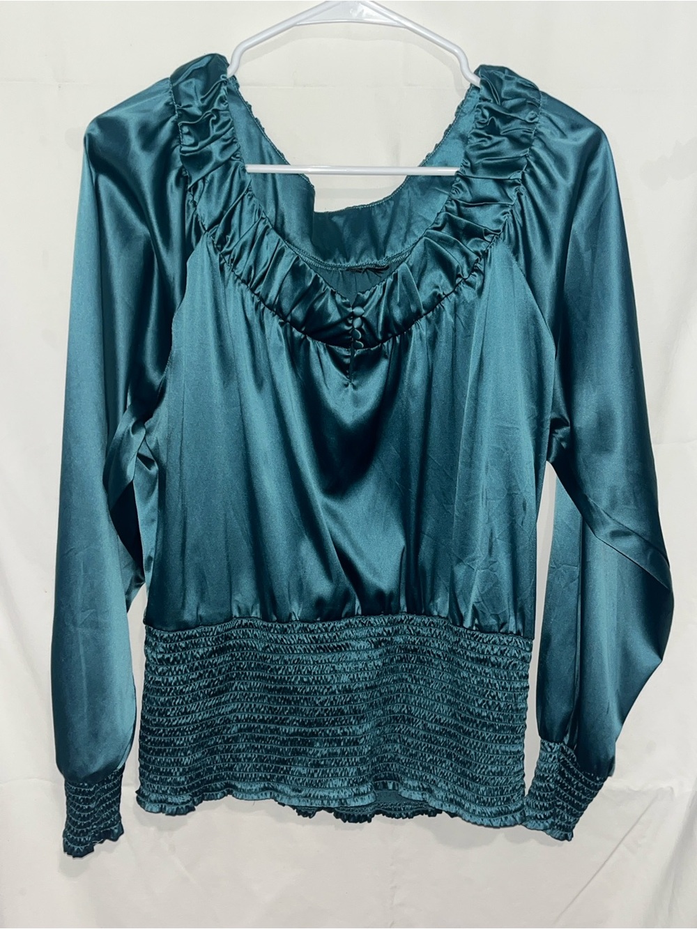 Satin Teal Ruffle-Neck Blouse with Smocked Hem